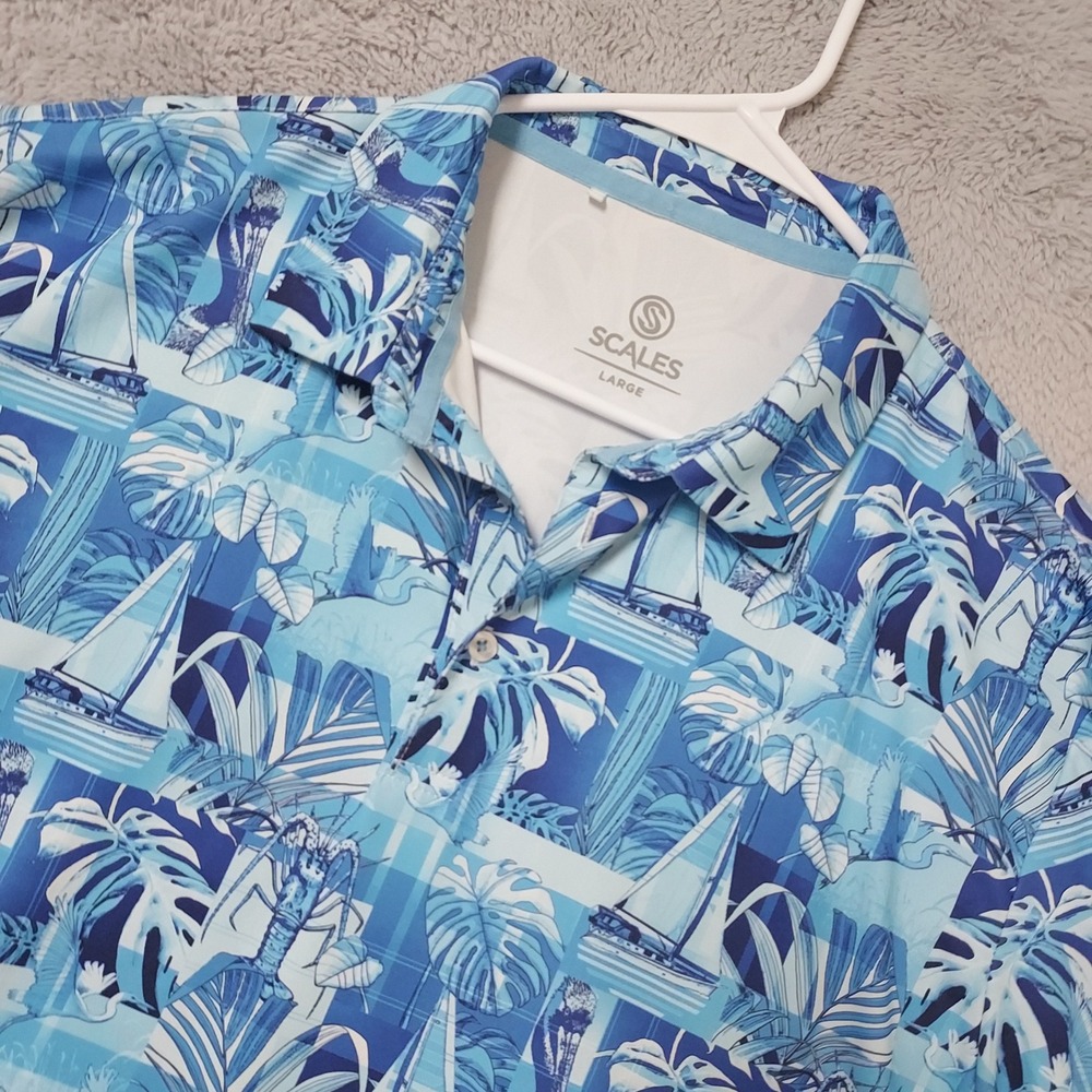 Scales Polo Shirt Men Large PGA Golf Club Tropical Sailboat Blue Florida Lobster